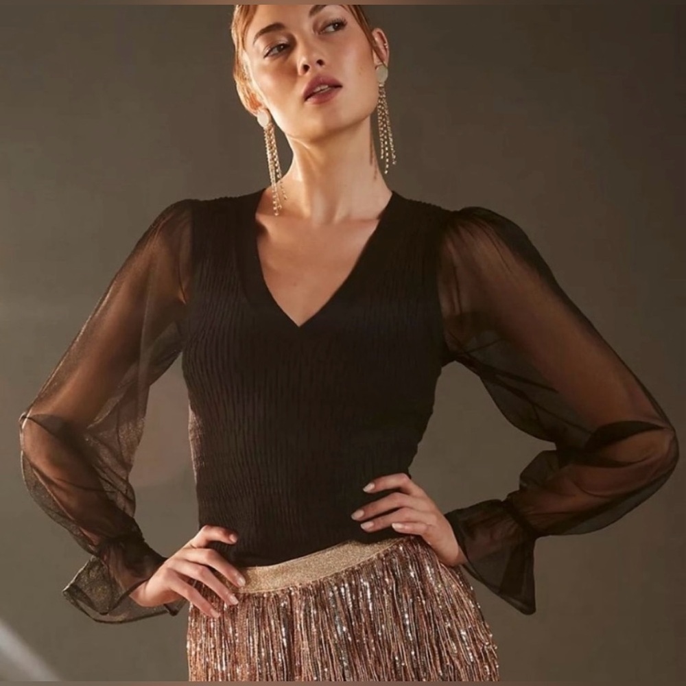 Maeve Sheer Sleeve Sweater NWT Black V-Neck Blouse Top XS Petite Chic Evening